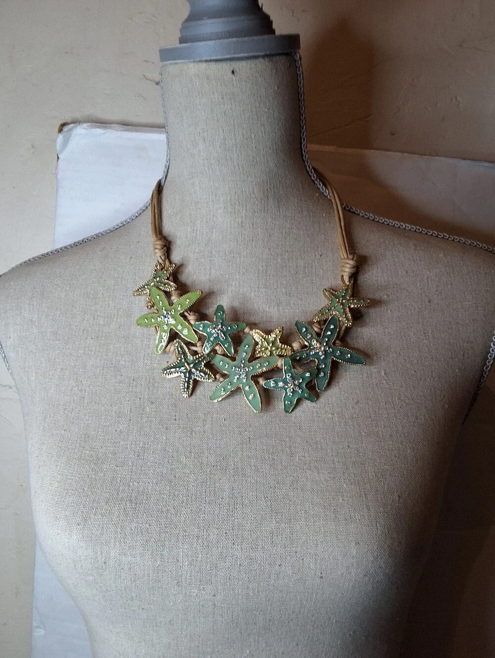 Starfish Statement Necklace Seafoam Green Rhinestone Beach Boho Cord
